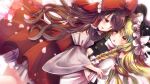  2girls absurdres apron black_hat black_skirt black_vest blonde_hair bow braid brown_hair commentary_request detached_sleeves falling_petals frilled_bow frilled_hair_tubes frills hair_bow hair_tubes hakurei_reimu hat hat_bow highres hug kirisame_marisa long_hair multiple_girls petals pink_petals red_bow red_eyes red_skirt side_braid single_braid skirt skirt_set touhou vest waist_apron white_apron white_bow witch_hat yellow_eyes yucchan_(drizzle_star) yuri 