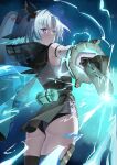  1girl absurdres animal_ears arcane_(arknights) arknights arknights:_endfield ass bare_shoulders bird_ears bird_girl black_cape black_leotard blue_eyes cape closed_mouth commentary cowboy_shot facial_mark feather_hair forehead_mark from_behind gloves grey_gloves grey_hair grey_leotard grey_thighhighs healgo highres leotard long_hair multicolored_gloves multicolored_leotard ponytail pouch solo thighhighs two-tone_gloves two-tone_leotard white_gloves 