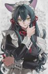  1girl animal_ears apron black_dress cat_ears cat_girl cat_tail cosmetics crossed_bangs dress elbow_on_arm finger_to_mouth green_eyes hair_between_eyes hair_over_shoulder hair_ribbon highres holding holding_lipstick_tube itou_(very_ito) lipstick_tube long_hair long_sleeves looking_at_viewer maid_apron maid_headdress neck_ribbon original parted_lips red_lips ribbon sidelocks solo tail upper_body very_long_hair white_apron 