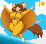  2023 5_fingers anthro barefoot big_breasts breasts brown_eyes brown_hair cheek_spots cloud emolga feet female fingers flight_suit generation_5_pokemon hair harness mastergodai membrane_(anatomy) nintendo patagium pokemon pokemon_(species) sea shiny_pokemon sky smile solo thick_thighs water watermark wide_hips 