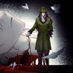  1boy 1girl anitaran4 bird blood brown_hair closed_mouth commentary_request cracked_skin dove earrings expressionless fate/grand_order fate_(series) full_body fur_trim jewelry lapels lev_lainur_flauros long_hair necktie notched_lapels olga_marie_animusphere purple_necktie severed_head sideburns staff straight-on very_long_hair 