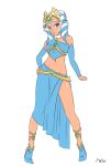 1girl ahsoka_tano alien blue_eyes breasts colored_skin covered_nipples detached_sleeves facial_mark forehead_jewel hand_on_own_hip jedi jewelry lekku_(anatomy) medium_breasts midriff mollo101 navel orange_skin shiny_skin shoes side_slit slave star_wars star_wars:_the_clone_wars_(2008_tv_series) thighs togruta white_background 