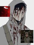  1boy absurdres black_hair blank_stare blood blood_from_forehead blood_on_clothes blood_on_face bloodshot_eyes commentary cry_of_fear game_screenshot_inset grey_hoodie highres hood hood_up hoodie looking_at_viewer looking_to_the_side male_focus screenshot_inset short_hair si_tou simon_henriksson simon_henriksson_(book) solo 