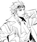  1boy ascot beard_stubble blue_eyes cid_highwind cigarette commentary_request facial_hair final_fantasy final_fantasy_vii garbage_paper gloves goggles goggles_on_head jacket korean_commentary lineart male_focus mouth_hold open_clothes open_jacket shirt short_hair solo spot_color stubble teeth_hold upper_body white_background 