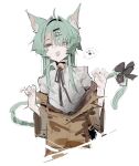  1girl animal_ears bell black_ribbon black_sclera bow brown_coat cat_ears cat_girl cat_tail choker coat colored_sclera commentary crelly green_hair grey_eyes grey_sclera hair_over_one_eye hairband heterochromia highres indie_virtual_youtuber ip_chort long_hair looking_at_viewer mole mole_under_mouth neck_bell open_mouth red_eyes ribbon shirt solo tail tail_bow tail_ornament untranslatable_commentary virtual_youtuber white_background white_shirt 