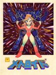  1980s_(style) 1girl absurdres arm_cannon armor black_eyes boots box_art breasts cleavage clenched_hands commentary copyright_name english_commentary full_body highres justin_bailey knee_boots legs_apart leotard long_hair looking_at_viewer mecha medium_breasts metroid metroid_(classic) nuri_durr pink_leotard power_armor power_suit_(metroid) red_leotard retro_artstyle robot samus_aran science_fiction serious sparkle standing thrusters varia_suit weapon 