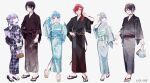  3boys 3girls :d bag black_hair black_nails blue_eyes blue_hair blue_kimono blue_nails bow bracelet brown_kimono commentary copyright_name copyright_notice fangs floral_print floral_print_kimono full_body genderswap genderswap_(ftm) geta gradient_hair grey_hair grey_kimono hair_bow hair_flaps hair_ornament hair_ribbon hairclip hand_on_own_hip handbag hands_up height_difference holding holding_bag honeyworks japanese_clothes jewelry kaga_nazuna kaga_sumire kimono kisaragi_ren_(vspo!) long_hair long_sleeves looking_at_another looking_at_viewer medium_hair misumi_(macaroni) multicolored_hair multiple_boys multiple_girls nail_polish nekota_tsuna obi obijime official_alternate_costume official_art open_mouth parallel_hairclips pink_hair ponytail print_kimono purple_bow purple_hair purple_kimono red_eyes red_hair ribbon sample_watermark sandals sash shinomiya_runa shiranami_ramune short_hair simple_background smile streaked_hair toenail_polish toenails toes virtual_youtuber vspo! watermark white_background white_streaks x_hair_ornament yellow_eyes yukata zouri 