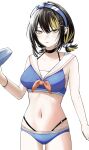  1girl absurdres anchor_hair_ornament bikini black_choker black_hair blonde_streaks blue_bikini blue_hairband breasts choker collarbone commentary_request ear_piercing eyelashes hair_ornament hairband highres hitori_makow idolmaster idolmaster_shiny_colors ikaruga_luca looking_at_viewer multicolored_hair navel navel_piercing o-ring o-ring_top piercing sailor_bikini sailor_collar short_hair simple_background solo spiked_ear_piercing standing streaked_hair swimsuit two-tone_hair white_background yellow_eyes 