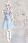  1girl ahoge alisa_mikhailovna_kujou alternate_costume apron blue_apron blue_eyes blush boots closed_mouth collared_shirt commentary_request crossed_bangs elbow_gloves full_body gloves grey_background grey_hair hair_ribbon hand_up hat highres light_smile looking_at_viewer nurse nurse_cap paid_reward_available pantyhose pink_hat pink_shirt red_ribbon ribbon rubber_gloves see-through_apron see-through_clothes shirt short_sleeves signature simple_background solo standing standing_on_one_leg tebukuro_maid tokidoki_bosotto_roshia-go_de_dereru_tonari_no_alya-san white_boots white_pantyhose zoom_layer 