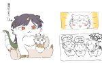  :3 :d ^_^ animalization anoko_(chiikawa) anyoji_hime arrow_(symbol) black_hair blush braid center-flap_bangs ceras_yanagida_lilienfeld chiikawa closed_eyes closed_mouth commentary_request flower_knot horns in_palm kachimachi_kosuzu katsuragi_izumi love_live! love_live!_hasu_no_sora_jogakuin_school_idol_club momose_ginko multi-tied_hair no_humans open_mouth orange_eyes parody ponytail side_braids single_horn smile solo translation_request virtual_youtuber watercap 