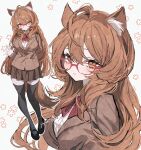  1girl aegyo_sal animal_ear_fluff animal_ears arm_behind_back black_shoes black_thighhighs blazer blush borrowed_character bow bowtie breasts brown_jacket brown_skirt brown_tail closed_mouth collared_shirt commentary commission cowlick expressionless eyelashes flower fox_ears fox_girl fox_tail glasses highres jacket lapels large_breasts long_hair looking_at_viewer marika_(zeddaru) mary_janes messy_hair multiple_views orange_eyes original red-framed_eyewear red_bow red_bowtie school_uniform shirt shoes signature skeb_commission skirt smile tail thighhighs very_long_hair waving white_shirt yunoki_pon 