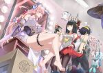  1boy 3girls absurdres alternate_costume animal_ear_fluff animal_ears asaba_harumasa barefoot black_hair black_pantyhose blue_skin blunt_bangs breasts ceiling chinese_commentary cleavage colored_skin commentary_request cosplay detached_sleeves dorsiflexion feet fingernails fox_ears fox_girl genshin_impact headband highres horns hoshimi_miyabi indoors large_breasts legs long_hair looking_at_another mihoyo mirror multiple_girls nail_polish open_mouth pantyhose parted_lips pink_hair purple_eyes raiden_shogun raiden_shogun_(cosplay) red_eyes short_hair sidelocks sitting smile soukaku_(zenless_zone_zero) spread_toes standing toenail_polish toenails toes tsukishiro_yanagi voice_actor_connection yae_miko yae_miko_(cosplay) yellow_headband yoimiya_(genshin_impact) yoimiya_(genshin_impact)_(cosplay) zenless_zone_zero zuomuzi_cheche 