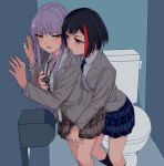  2girls bang_dream! bang_dream!_girls_band_party! black_hair blush bob_cut breasts commentary_request grabbing_another's_breast grabbing_from_behind grey_hair grey_jacket groping hand_on_another's_thigh haneoka_school_uniform hug hug_from_behind jacket long_hair long_sleeves minato_yukina mitake_ran multicolored_hair multiple_girls necktie open_mouth red_hair red_streaks school_uniform shirt short_hair sidelocks skirt streaked_hair striped_clothes striped_necktie waruhara white_shirt yellow_eyes yuri 