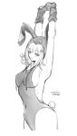  1girl absurdres animal_ears armpits arms_up artist_name breasts commentary_request covered_navel cropped_legs danganronpa_(series) danganronpa_2:_goodbye_despair fake_animal_ears fake_tail greyscale highres hood hood_up large_breasts medium_hair monochrome nanami_chiaki nelt official_alternate_costume playboy_bunny rabbit_ears rabbit_tail simple_background tail 