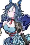  1girl admire_groove_(glacial_queen)_(umamusume) admire_groove_(umamusume) animal_ears blue_dress blue_eyes blue_hair blush breasts cleavage closed_mouth commentary_request dress ear_covers hairband heterochromia highres horse_ears horse_girl horse_tail kikkasoon large_breasts looking_at_viewer mole mole_under_mouth multicolored_hair necktie purple_eyes red_necktie see-through_clothes see-through_sleeves short_hair_with_long_locks short_necktie simple_background solo streaked_hair tail umamusume white_background white_hair white_streaks 