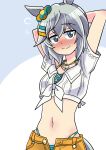  1girl absurdres animal_ears aqua_bikini arms_up bikini bikini_under_clothes blue_eyes blush breasts closed_mouth commentary_request ear_scrunchie flying_sweatdrops green_bikini grey_hair hair_between_eyes highres horse_ears horse_girl horse_tail official_alternate_costume open_clothes open_fly open_shorts orange_shorts seiun_sky_(nagisa_no_kimagure_orange)_(umamusume) seiun_sky_(umamusume) shirt short_hair shorts small_breasts smile sweatdrop swimsuit tail umamusume wakku_kan white_shirt 