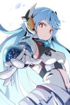  1girl absurdres adamski_s-rank_space aqua_hair black_shirt breasts closed_mouth clothing_cutout commentary_request detached_sleeves duel_masters duel_masters_play's expressionless gauntlets headgear highres long_hair looking_at_viewer medium_breasts multicolored_shirt navel reaching reaching_towards_viewer red_eyes red_trim shirt solo stomach_cutout tachi_(bokarokazoku) very_long_hair white_shirt 