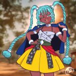  1girl alternate_hairstyle alternate_skin_color aqua_eyes aqua_hair armlet bare_shoulders bracelet choker dark-skinned_female dark_skin darkened_skin dress freeform_miku hatsune_miku highres jewelry l33oh long_hair off-shoulder_dress off_shoulder one_eye_closed smile solo twintails very_long_hair vocaloid white_choker 
