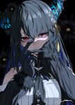  1girl absurdres asymmetrical_horns black_hair black_horns blue_hair breasts clothing_cutout collared_halterneck colored_inner_hair commentary demon_horns feather-trimmed_jacket flower gam_1124 gloves hair_ornament highres hololive hololive_english horn_flower horns large_breasts long_hair looking_at_viewer mole mole_under_eye multicolored_hair nerissa_ravencroft nerissa_ravencroft_(1st_costume) red_eyes ribbed_shirt shirt shoulder_cutout simple_background solo tassel tassel_hair_ornament two-tone_hair uneven_horns virtual_youtuber 
