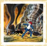  1970s_(style) 1boy animal babel_ii belt black_belt black_panther blue_jacket blue_pants border broken_pillar building cloud cloudy_sky debris furumi_kouichi gakuran jacket legs_apart male_focus official_art open_clothes open_jacket outdoors outstretched_arm painting_(medium) pants pointing red_eyes red_hair retro_artstyle rodem_(babel_ii) rubble school_uniform shoes sky standing sweater third-party_source tornado tower_of_babel traditional_media white_border white_sweater yellow_shoes yokoyama_mitsuteru 