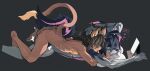  1boy 1girl animal_ears ass black_background black_hair brown_hair cat_ears cat_girl cat_tail commentary completely_nude english_commentary furrification furry furry_female furry_male furry_with_furry futa_on_male futa_with_male futanari highres holding holding_stylus juliana_(pokemon) kieran_(pokemon) knifedragon male_penetrated motion_lines multicolored_hair nude open_mouth pink_hair pokemon pokemon_scarlet_and_violet prone_bone sex sex_from_behind short_hair simple_background stylus tail tongue tongue_out two-tone_hair 