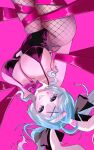  1girl absurdres ahoge alternate_breast_size_(larger) animal_ears aqua_eyes aqua_hair arms_behind_back black_leotard blush bound bow breasts clothing_cutout commentary_request fake_animal_ears fishnet_pantyhose fishnets hair_ornament hatsune_miku heart heart_cutout heart_in_eye highres large_breasts leotard long_hair looking_at_viewer multicolored_hair open_mouth pantyhose pink_hair playboy_bunny rabbit_hole_(vocaloid) red_bow smile solo symbol_in_eye torn_clothes torn_pantyhose twintails upside-down very_long_hair vocaloid x_hair_ornament yurarisur 