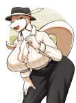  absurd_res anthro belt bent_over big_breasts blue_eyes bottomwear breasts cleavage clothed clothing fangs feathers female hat headgear headwear hi_res looking_at_viewer mobster pants reptile scalie shirt sindoll smile smiling_at_viewer snake solo teeth topwear 