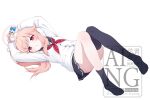  1girl ahoge arms_up black_sailor_collar black_skirt black_thighhighs blue_archive blush bright_pupils canian cardigan commentary commission convenient_leg drink_carton dutch_angle english_commentary full_body hair_between_eyes hair_spread_out halo highres holding holding_drink_carton holding_milk_carton knees_together_feet_apart knees_up legs long_hair long_sleeves looking_at_viewer lying milk_carton miniskirt natsu_(blue_archive) neckerchief no_shoes on_back parted_lips pink_hair pink_halo pleated_skirt red_eyes red_neckerchief sailor_collar school_uniform serafuku side_ponytail sidelocks simple_background skirt solo thighhighs thighhighs_pull thighs trinity_general_school_logo watermark white_background white_cardigan white_pupils 