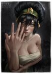  1girl alternate_breast_size_(larger) arm_under_breasts avatar_aang:_the_last_airbender avatar_legends bare_shoulders black_hair blind border breasts character_name close-up closed_mouth collarbone commentary east_asian english_commentary english_text eyelashes green_hairband hair_bun hairband hand_up head_tilt highres john_cena large_breasts open_hand realistic rikoriinn simple_background single_hair_bun strapless tall_hair toph_beifong white_border 