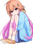  1girl bloomers blue_shirt blue_skirt closed_mouth commentary_request hair_ornament hair_scrunchie hairclip highres hugging_own_legs idolmaster idolmaster_cinderella_girls knees_to_chest knees_up long_hair long_sleeves looking_at_viewer multicolored_hair ninomiya_asuka orange_hair orange_shoes pink_eyes purple_eyes scrunchie shirt shoes sitting skirt soma_(love0203ask) two-tone_hair white_bloomers yellow_scrunchie 