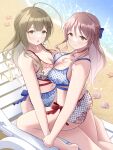  2girls absurdres bare_shoulders beach bikini blue_bikini blush breasts brown_eyes brown_hair closed_eyes closed_mouth commentary_request commission day glass hair_between_eyes highres idolmaster idolmaster_cinderella_girls idolmaster_shiny_colors in-franchise_crossover kuwayama_chiyuki long_hair looking_at_another looking_at_viewer medium_breasts mifune_miyu multiple_girls navel ocean outdoors pixiv_commission red_bikini smile stomach swimsuit very_long_hair yuri yuudachi_(yu_datip) 