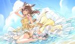  1girl absurdres ahoge animal_ears bare_shoulders beach blue_sky blush breasts brown_hair commentary_request dress dress_swimsuit hair_between_eyes highres horse_ears horse_girl horse_tail long_hair looking_at_viewer mejiro_bright_(umamusume) mejiro_bright_(umibe_no_elegance_chiffon)_(umamusume) misomi_miso ocean official_alternate_costume open_mouth sandals sky smile tail umamusume water yellow_dress 
