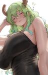 1girl absurdres bare_shoulders black_camisole blush breasts camisole closed_eyes closed_mouth colored_tips dragon_girl dragon_horns english_commentary from_below green_hair hand_in_own_hair hand_up highres horns huge_breasts kobayashi-san_chi_no_maidragon long_hair lucoa_(maidragon) messy_hair multicolored_hair signature simple_background solo sweat upper_body white_background zon_lee_sean 