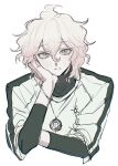  1boy bracelet commentary_request cropped_torso danganronpa_(series) danganronpa_2:_goodbye_despair grey_eyes grey_hair hair_between_eyes highres jewelry komaeda_nagito layered_sleeves long_sleeves male_focus messy_hair nelt short_over_long_sleeves short_sleeves simple_background solo white_background 