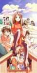  2boys 6+girls akamatsu_ken aoyama_motoko blue_overalls blue_sky book building cloud cloudy_sky cover cover_page dress elbow_gloves everyone falling_leaves gloves holding holding_book holding_removed_eyewear kaolla_su konno_mitsune kotatsu leaf looking_ahead looking_at_another love_hina lowres maehara_shinobu manga_cover mimikaki multiple_boys multiple_girls narusegawa_naru official_art on_roof on_rooftop otohime_mutsumi outdoors overalls sarah_mcdougal seta_noriyasu shawl sitting_on_roof sky sleeveless sleeveless_turtleneck table textless_cover_page thighhighs third-party_source turtleneck turtleneck_dress unworn_eyewear urashima_haruka urashima_keitarou writing 