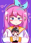  1girl aubrey_(faraway)_(omori) aubrey_(omori) bad_id bad_pixiv_id blue_eyes blue_hairband blush character_doll closed_mouth commentary_request crop_top doll double-parted_bangs hair_between_eyes hairband highres holding holding_stuffed_toy hoshidashiki jacket long_sleeves omori open_clothes open_jacket pink_hair purple_background sidelocks simple_background solo stuffed_toy sunny_(omori) sweat white_jacket 