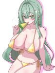 1girl alternate_costume arms_at_sides bikini blush braid breasts cleavage collarbone commentary_request cowboy_shot food front-tie_bikini_top front-tie_top green_eyes green_hair hair_between_eyes hand_up highres holding holding_food holding_popsicle huge_breasts indie_virtual_youtuber kobato_hiyona licking_food long_hair looking_at_viewer midriff navel open_mouth orihojisan popsicle short_braid side-tie_bikini_bottom simple_background sitting solo sweat swimsuit thighs tongue tongue_out very_long_hair virtual_youtuber white_background yellow_bikini 