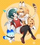  1other 2girls animal_ears backpack bag black_hair blonde_hair blush bow brown_footwear cat_ears closed_eyes dress hat kaban_(kemono_friends) kemono_friends lucky_beast_(kemono_friends) multiple_girls one_eye_closed open_mouth red_shirt sakuraihum serval_(kemono_friends) serval_print shirt short_hair shorts tail white_bag white_headwear white_shorts 