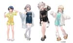  4girls animal_ears animal_slippers black_hair black_slippers blonde_hair braid commentary_request full_body green_eyes grey_hair hair_ribbon hololive kazama_iroha leg_warmers lion_ears lion_girl lion_tail looking_at_viewer medium_hair multiple_girls nonomaro official_art one_eye_closed oozora_subaru open_mouth ribbon shirogane_noel shirt shishiro_botan short_hair shorts simple_background sleepwear slippers smile socks standing tail thighhighs white_background white_leg_warmers white_slippers white_socks white_thighhighs yellow_shirt yellow_shorts 