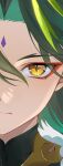  1boy aqua_hair black_hair closed_mouth diamond-shaped_pupils diamond_(shape) eye_focus eyeshadow facial_mark floating_hair forehead_mark genshin_impact green_hair hair_between_eyes jewelry looking_at_viewer makeup male_focus mandarin_collar multicolored_hair necklace pearl_necklace red_eyeshadow short_hair sidelocks solo sugarcanedove symbol-shaped_pupils thumbnail_collage two-tone_hair xiao_(genshin_impact) yellow_eyes 