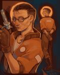  1boy absurdres black_hair bomber_jacket buzz_cut disco_elysium from_behind full_body gloves gun hand_on_own_wrist handgun highres holding holding_gun holding_weapon jacket kim_kitsuragi looking_to_the_side male_focus multiple_views noiraph orange_gloves orange_jacket round_eyewear serious shirt short_hair very_short_hair weapon white_shirt 