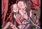  2others :d \m/ absurdres aged_down akiyama_mizuki akiyama_mizuki_(middle_school) arm_behind_head arm_up bow brown_vest clone collared_shirt commentary_request confetti curled_ends curtains dual_persona frilled_sleeves frills grey_skirt hair_bow hand_on_own_chest hand_up high-waist_skirt highres holding holding_ribbon jacket lapels legs_up long_hair long_sidelocks long_sleeves looking_at_viewer multiple_others notched_lapels pants pillarboxed pink_eyes pink_hair pink_ribbon plaid_clothes plaid_pants project_sekai red_background red_jacket ribbon serien shirt short_hair side_ponytail sidelocks sitting skirt smile time_paradox vest white_shirt 