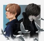  2boys artist_name back-to-back beard_stubble before_and_after bird black_hair black_jacket blue_eyes blue_shirt brown_hair che_sue00 collared_shirt commentary dove english_commentary facial_hair from_side hair_over_eyes highres jacket leon_s._kennedy looking_to_the_side male_focus multiple_boys partially_colored popped_collar resident_evil resident_evil_2 resident_evil_2_(remake) resident_evil_requiem shirt short_hair stubble twitter_username upper_body walkie-talkie 