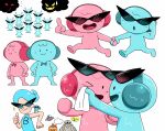  >_o ._. 1girl absurdres blue_hair blue_shirt bow bowtie closed_eyes closed_mouth cloud dinosaur eyewear_on_head hair_bun hand_on_own_hip hands_on_own_hips happy headphones heinzlike highres holding holding_hands looking_at_another mr._blue_(rhythm_tengoku) ms._pink multiple_views one_eye_closed open_mouth pink_cloud_(rhythm_tengoku) pointing red_bow red_bowtie rhythm_alien rhythm_tengoku rhythm_tengoku_miracle_stars running shirt simple_background single_hair_bun sleeveless sleeveless_shirt smile sparkle standing sunglasses sweat sweatdrop the_guardian_(rhythm_tengoku) thumbs_up towel ufo warping_alien_(rhythm_tengoku) white_background wiping_face yellow_cloud_(rhythm_tengoku) 