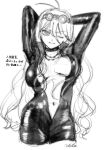  1girl ;) absurdres antenna_hair arms_behind_head barbed_wire bodysuit breasts choker commentary_request cropped_legs danganronpa_(series) danganronpa_v3:_killing_harmony goggles goggles_on_head hair_between_eyes highres iruma_miu navel nelt one_eye_closed simple_background smile solo translation_request 