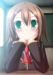  1boy baka_to_test_to_shoukanjuu black_jacket blazer bloom blush bright_background brown_hair ceiling chalkboard classroom closed_mouth commentary_request crossdressing crossdressing_(mtf) day desk double-parted_bangs emblem fumizuki_academy_school_uniform green_eyes hair_ornament hairclip hands_on_own_cheeks hands_on_own_face hatomura_(tareneko_club) head_rest indoors jacket kinoshita_hideyoshi lapels long_sleeves male_focus medium_hair multiple_hairclips necktie notched_lapels outer_glow pov_across_table red_necktie school_desk school_uniform sleeve_cuffs smile solo square-end_necktie straight-on symmetry trap upper_body window 