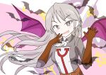  1girl absurdres ascot bat_(animal) bat_wings blush breasts brown_gloves buckle commentary_request fang gloves hair_between_eyes highres long_hair looking_at_viewer magic:_the_gathering medium_breasts rhs_anira shirt smug solo thalia_guardian_of_thraben white_hair white_shirt wings 