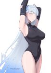  1girl absurdres armor armpits arms_up black_leotard blue_eyes blue_hair breasts covered_navel cowboy_shot detached_sleeves fairy_(zenless_zone_zero) fizzymoonlight hand_on_own_arm highres large_breasts leotard long_hair looking_at_viewer multicolored_hair one_eye_closed personification simple_background solo thighs turtleneck turtleneck_leotard twitter_username white_background white_hair zenless_zone_zero 