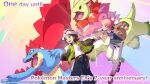  1boy 1girl absurdres ahoge belt blonde_hair blue_eyes blue_shirt bracelet brown_hair brown_jacket commentary english_commentary english_text feraligatr green_jacket grin happy harmony_(pokemon) hat highres jacket jewelry long_sleeves medium_hair mega_feraligatr mega_meganium meganium official_art open_clothes open_jacket pants pink_shoes pokemon pokemon_(creature) pokemon_legends:_z-a print_shirt ribbed_socks shirt shoes smile socks teeth urbain_(pokemon) white_hat white_pants white_shirt 