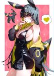  1girl animal_ears black_dress black_hair black_jacket blonde_hair breasts closed_mouth colored_inner_hair commentary cowboy_shot creature_and_personification dress english_commentary fingernails from_side hand_up heart highres jacket light_blush long_fingernails long_hair long_sleeves looking_at_viewer medium_breasts multicolored_hair multicolored_jacket nail_polish off_shoulder open_clothes open_jacket orange_eyes outside_border personification pink_background pokemon pokemon_(creature) red_nails sachichuu shiny_clothes short_dress sideboob sleeveless sleeveless_dress sleeves_past_fingers sleeves_past_wrists solo spaghetti_strap sparkle spoken_heart standing tail twitter_username two-sided_fabric two-sided_jacket two-tone_hair two-tone_jacket umbreon very_long_hair yellow_jacket 